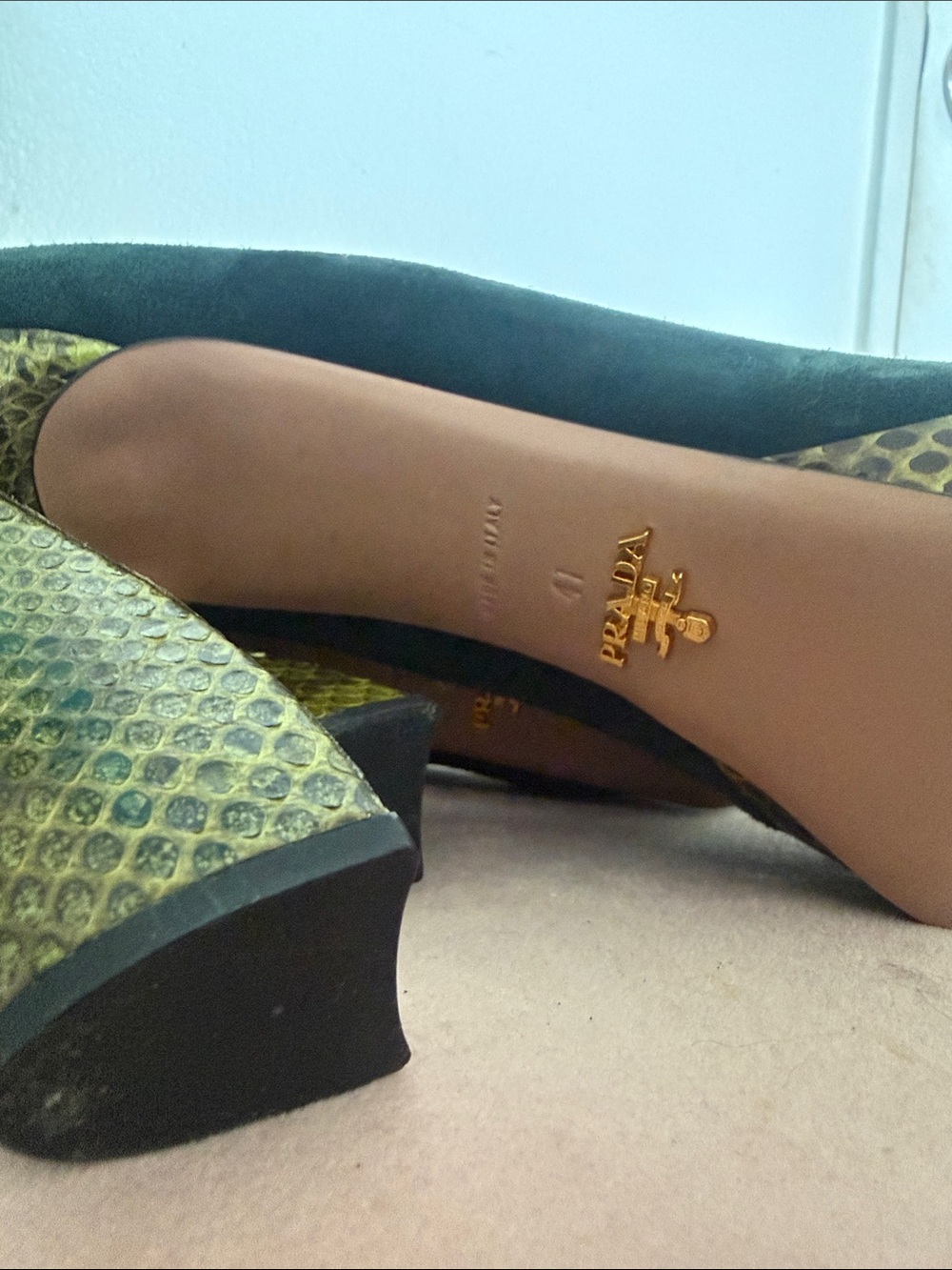 Prada Dark Green Suede Pumps with Olive Snake Textured Heel - Picture 3 of 8